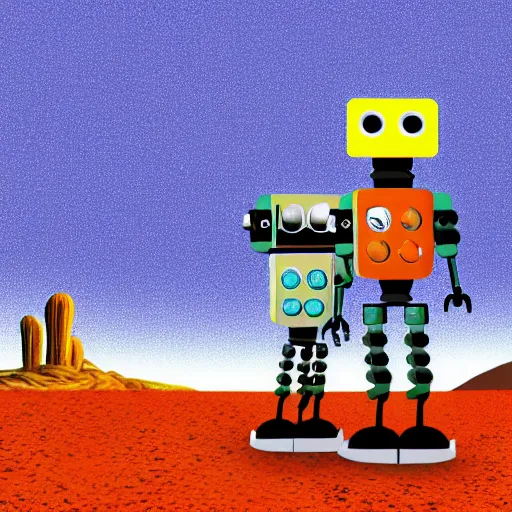 Image similar to Two robots are watching TV in desert, digital art.