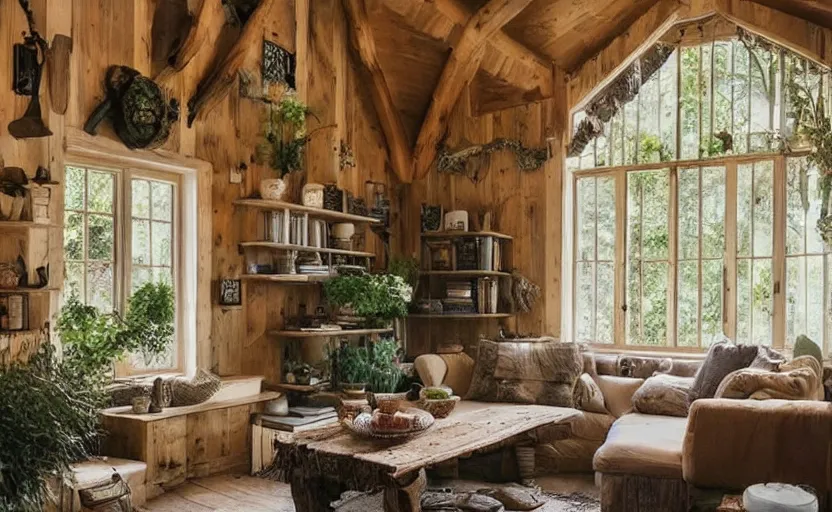 Image similar to cottage living room interior, sunny, natural materials, rustic wood, window sill with plants, vines on the walls, dried herbs under the ceiling, the witch cauldron on the tigel, bookshelves, design