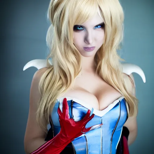 Image similar to modeling photograph of a cosplayer, blonde, beautiful, dark, mysterious
