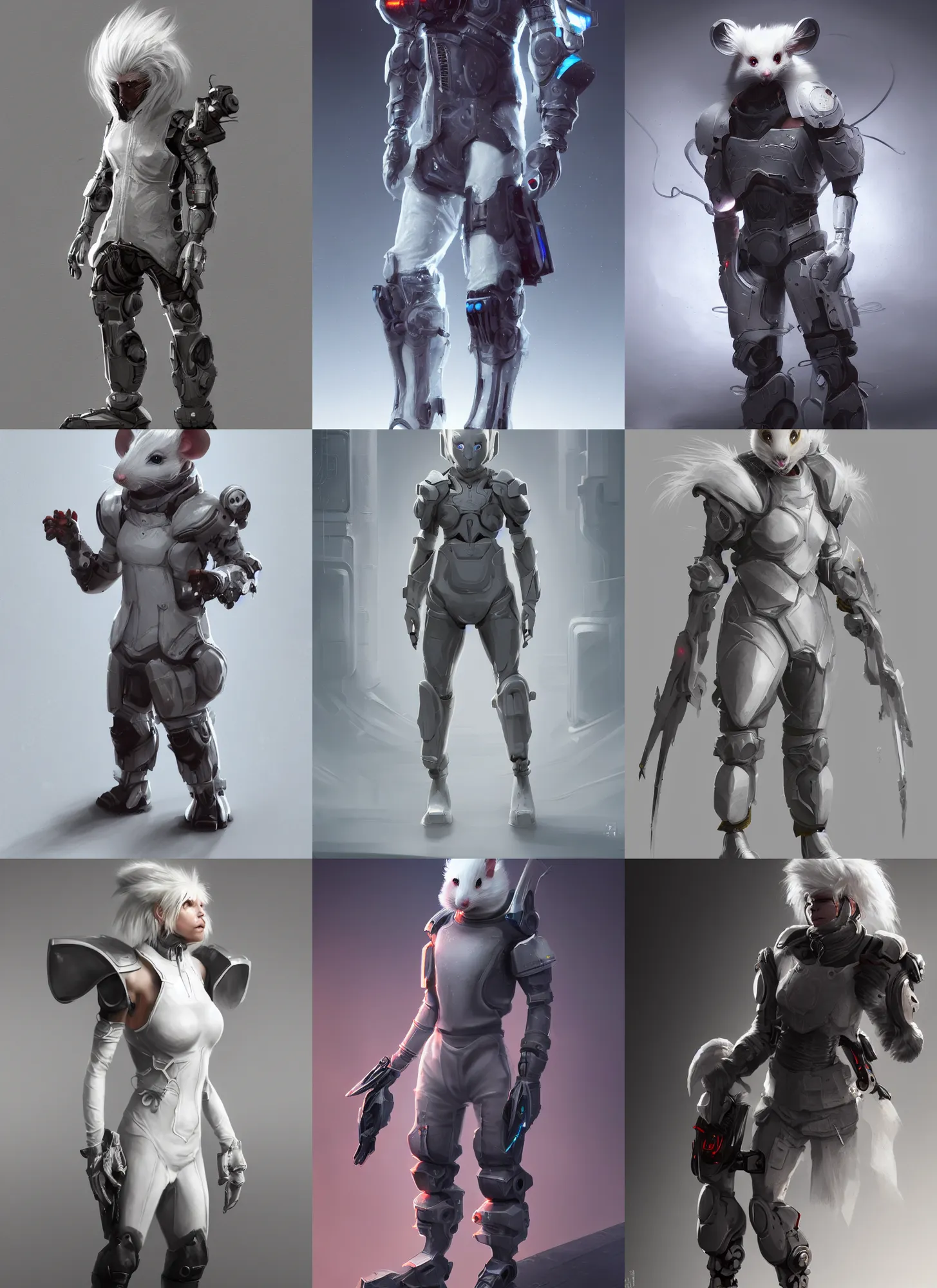 Prompt: full body character of an antropomorphic white haired mouse technomage in light cyberpunk armor, high detail, scifi, cyberpunk style, soft studio lighting, digital painting, concept art, octane render