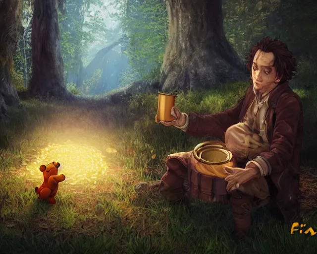 Prompt: adult frank! dillane! eating honey from a honeypot with winnie the pooh in the woods, beautiful, grand, wistful, digital painting, extremely detailed, sharp focus, bright colors, octopath traveler, unreal engine 5 highly rendered, global illumination, radiant light, highly detailed face