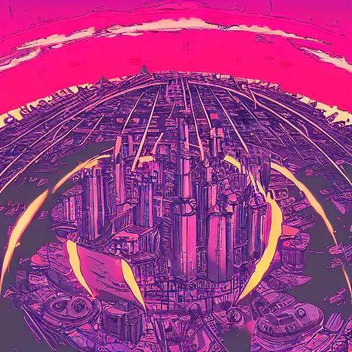 Prompt: adularia, apocalyptic spherical explosion, city, akira art style, pink, red, beams of light