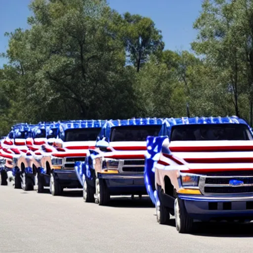 Prompt: photo of big blue biden pickup trucks with american flags on them.