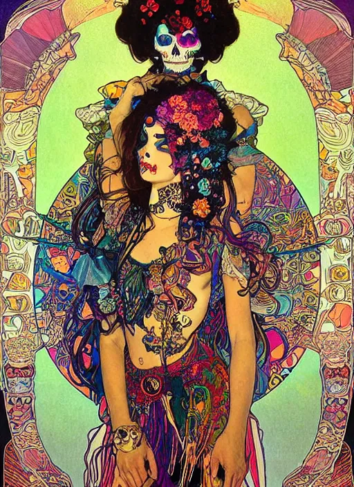 Image similar to psychedelic poster art of a cute punk goth fashion fractal Día de los Muertos tattooed girl posing by Victor Moscoso Rick Griffin Alphonse Mucha Gustav Klimt Ayami Kojima Amano Charlie Bowater, masterpiece