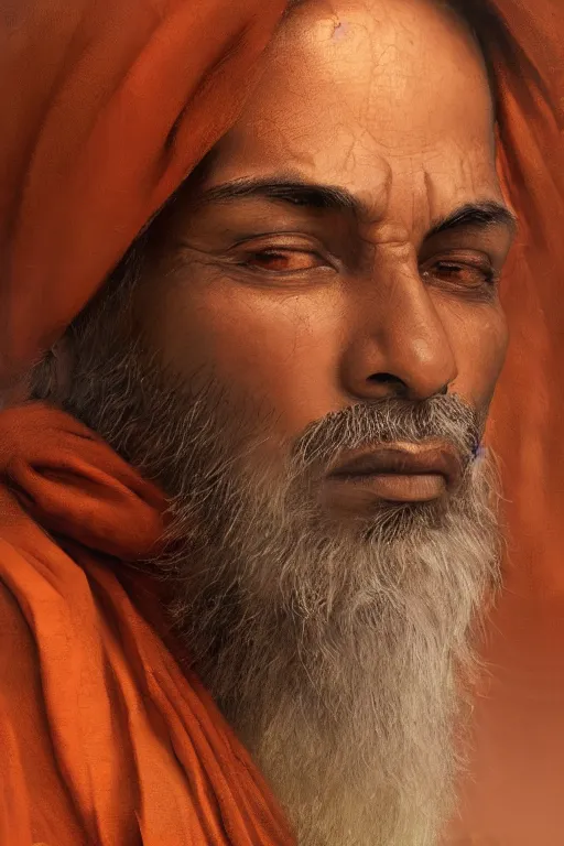 Image similar to hindu monk, close - up portrait, devoted, intricate, elegant, volumetric lighting, scenery, digital painting, highly detailed, artstation, sharp focus, illustration, concept art, ruan jia, steve mccurry