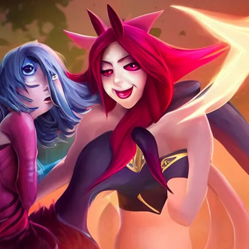 Prompt: league of legends, xayah and kai'sa as best friends, funny, flirty, smiling, playing, photo