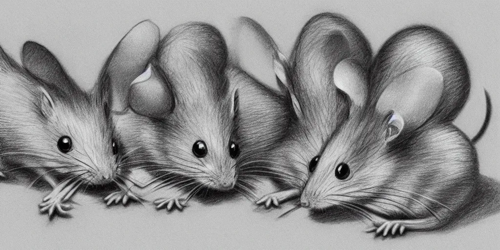 Image similar to a beautiful pencil drawing of exactly four!!!!! cartoon mice; masterpiece; extremely highly detailed; ultra-realistic; trending on artstation