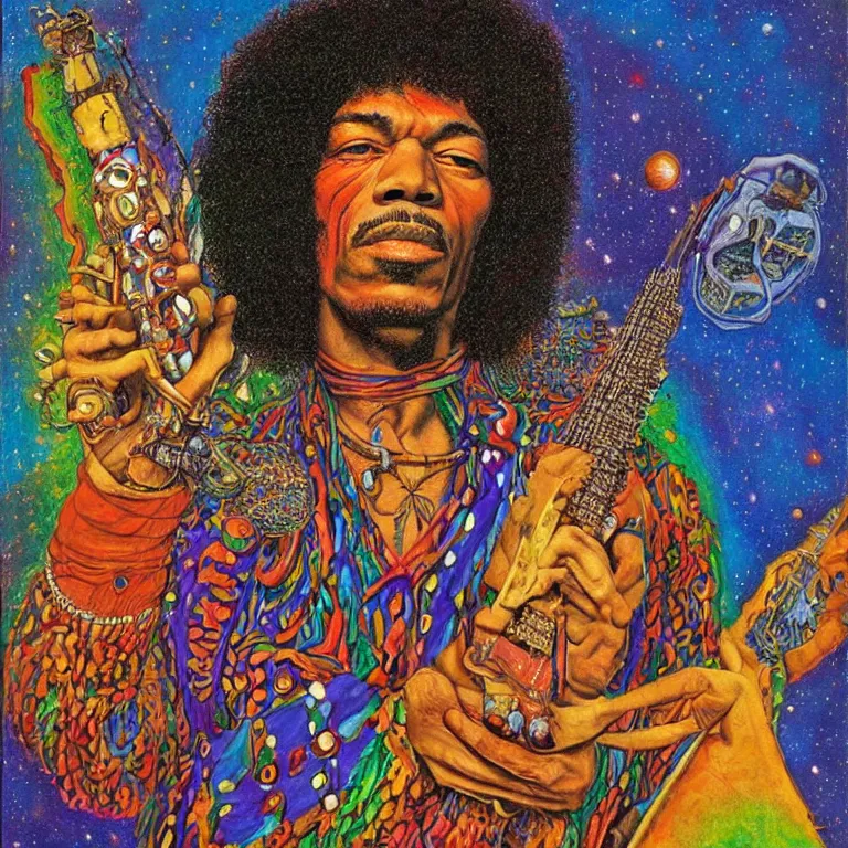 Image similar to colorfull artwork by Mati Klarwein showing a portrait of Jimi Hendrix as a futuristic space shaman