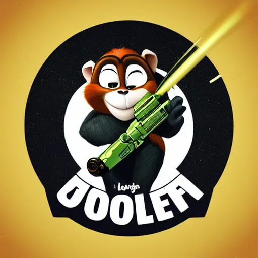 Image similar to “ logo of a monkey in the style of zootopia holding laser gun, with a black background, digital art, award winning, trending on art station, retro style ”