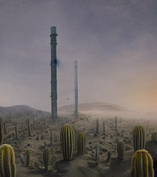 Image similar to surreal theory of a white stepped high tech architecture, ancient epic tower of babylon in the mining tailings in the desert, biroremediation plant, foggy, patchy cactus, oil painting, pale colors, high detail, 8 k, wide angle, trending on artstation, behance