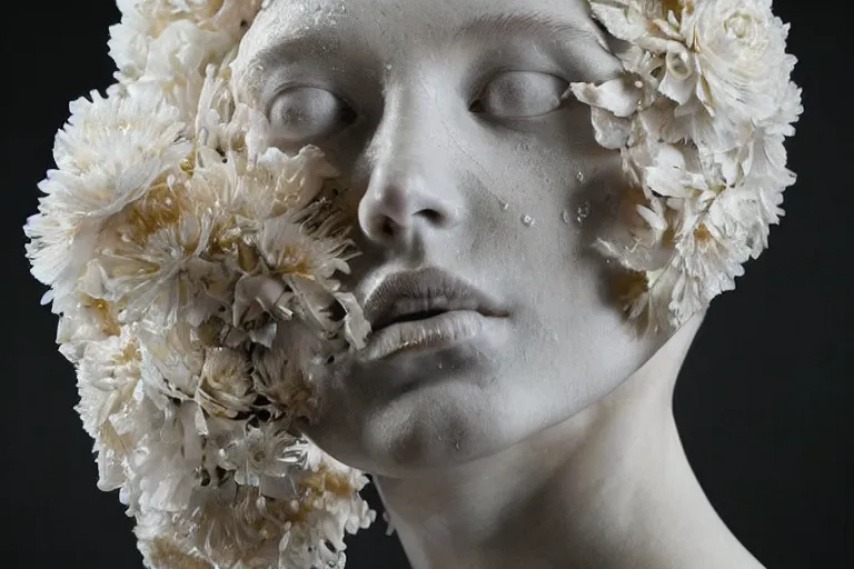 Image similar to a sculpture of a stunningly beautiful woman with flowing tears, fractal flowers on the skin, intricate, a marble sculpture by nicola samori, behance, neo - expressionism, marble sculpture, made of mist, still frame from the prometheus movie by ridley scott with cinematogrophy of christopher doyle, arri alexa, 8 k