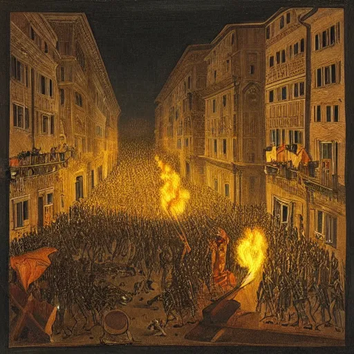 Prompt: the streets of rome during carnival by night view from above in the style of andrei tarkovsky and durer, depth, detail, masked dancing crowds and decorated balconies, lit by torches, in 1 8 2 3