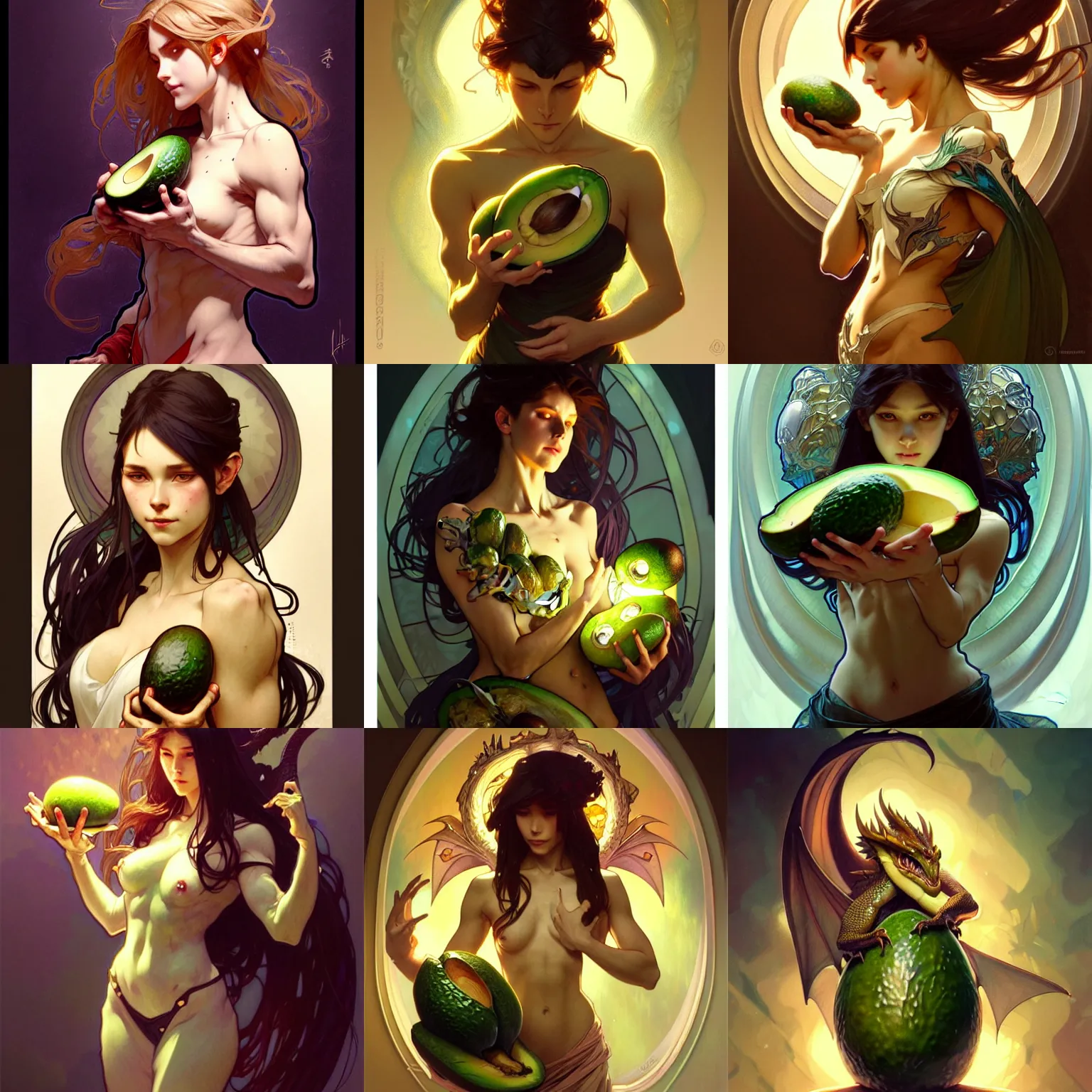 Prompt: digital character concept art by artgerm and greg rutkowski and alphonse mucha. dragon hatching from avocado, beautiful, holding a stuff, detailed, poster art, light effect, glowing, hyper detail, intricate, elegant, digital painting, artstation, smooth, sharp focus