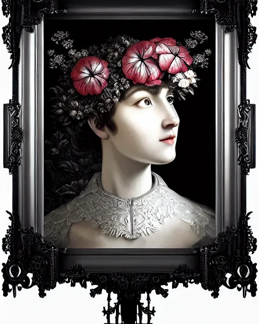 Image similar to masterpiece monochrome profile portrait painting, dutch masters, silver lace floral steampunk biomechanical beautiful one techno eye young female cyborg, big monocular, volumetric light, leaves foliage and stems, hibiscus flowers, gustave dore, rim light, big gothic fashion pearl embroidered collar, 8 k