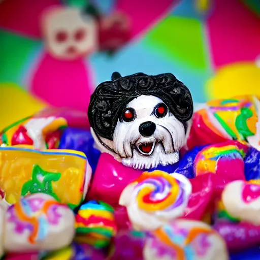 Image similar to mexican sugar skull candy in the shape of a havanese dog, ofrenda, 4 k close up photo, leica, bokeh