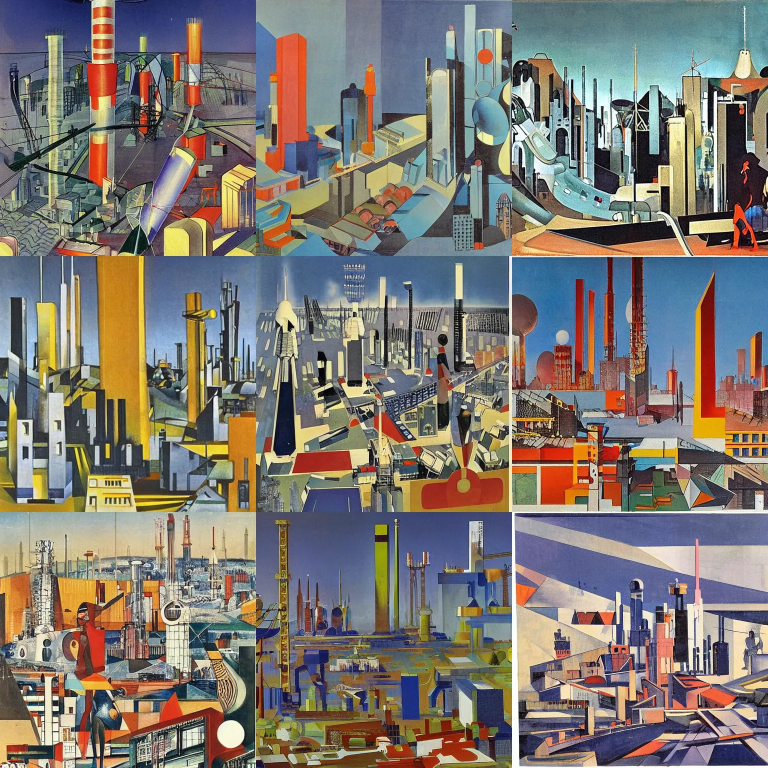 Prompt: futuristic soviet city with factories by Marcello Bacciarelli, Léon Bakst, James Bard, Auguste Baud-Bovy, Romare Bearden