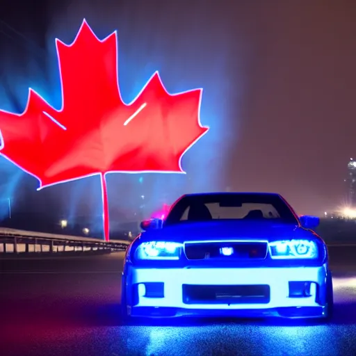 Prompt: electric blue R34 skyline with Canadian flag in the background, photography, 4k, volumetric lighting, glowing fog