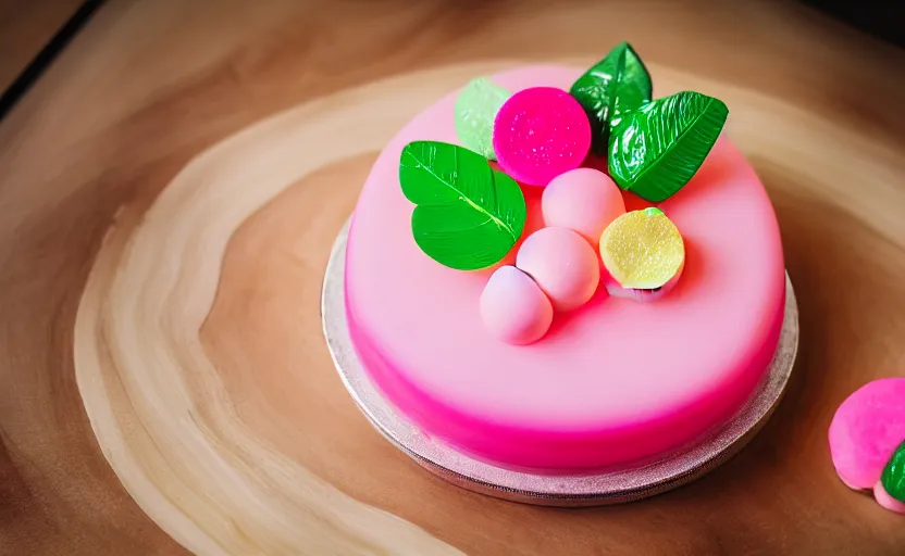 Image similar to A photo of a swedish princess cake from the side on a wooden table, covered with pink marzipan, some powder sugar and a green marzipan leaf in the center. Sunset. 4K. Cinematic lighting. High detail. Realistic. Delicious.