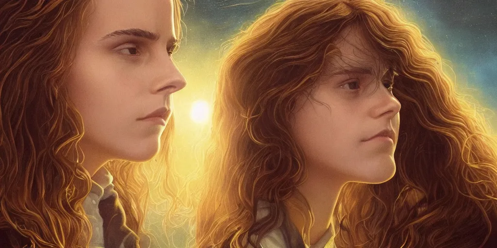 Image similar to Surreal. Vivid. Emma Watson as Hermione Granger. Beautiful. Golden. Hazel. Rays of light. WLOP!!!. Sunset. Captivating. James Paick. Gustave Baumann. Guy Denning. Jean Delville. Clyde Caldwell. Andrew Ferez. John Harris. Extremely detailed. 4K.
