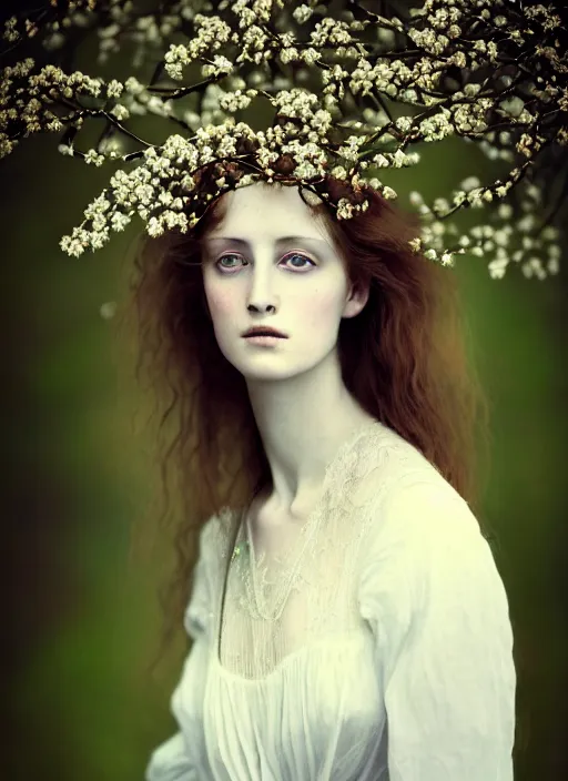 Prompt: portrait photography of a beautiful woman how pre-Raphaelites beauty type in style of Paolo Roversi, britt marling style 3/4 , long hair are intricate with highly detailed realistic branches with flowers like a crown, a beautiful ethereal lace white dress, 8K, soft focus, soft light, volumetric lighting, highly detailed Realistic, Refined, Highly Detailed, natural outdoor soft pastel lighting colors scheme, outdoor fine art photography