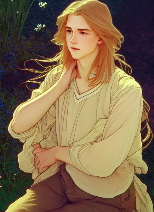 Image similar to pretty young man with shoulder length shiny shimmering golden blond hair, path traced, highly detailed, high quality, digital painting, by studio ghibli and alphonse mucha, leesha hannigan, disney