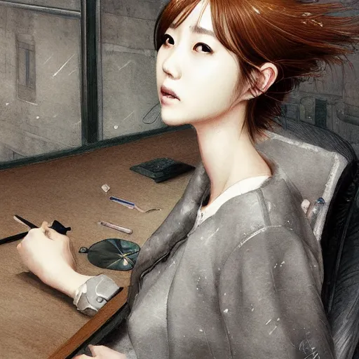 Image similar to dynamic composition, motion, ultra-detailed, incredibly detailed, a lot of details, amazing fine details and brush strokes, colorful and grayish palette, smooth, HD semirealistic anime CG concept art digital painting, watercolor oil painting of a young office lady, by a Chinese artist at ArtStation, by Huang Guangjian, Fenghua Zhong, Ruan Jia, Xin Jin and Wei Chang. Realistic artwork of a Chinese videogame, gradients, gentle an harmonic grayish colors.