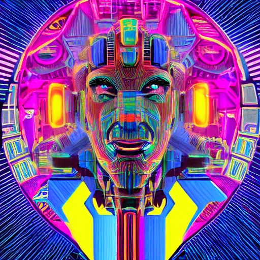 Prompt: hyperdetailed portrait of a cyberpunk aztec futurism robot head, 8 k, symetrical, trippy flourescent colors, halluzinogenic, tshirt art, black background