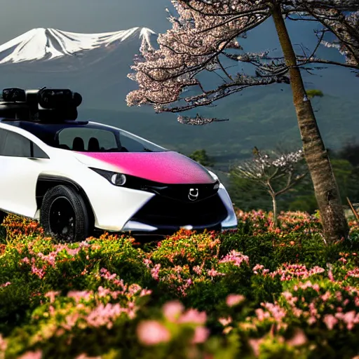 Prompt: a jdm mazda rx fused into hover craft 2 0 8 9 futuristic version, cyberpunk look hovering by mount fuji early in the morning with a few blossom trees around, high quality photo