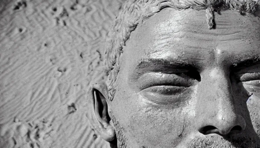 Prompt: 1 9 6 0 s movie still close up of marcus atilius regulus'face with the eyes sew wide open, his body buried in the sand, cinestill 8 0 0 t 3 5 mm b & w, high quality, heavy grain, high detail, texture, dramatic light, anamorphic, hyperrealistic, detailed hair