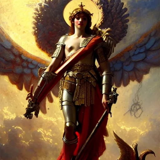 Image similar to saint michael the angel, guarding the world from evil. highly detailed painting by gaston bussiere, greg rutkowski 8 k