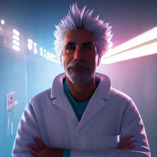 Image similar to portrait of rick sanchez, lab coat, lens flare, atmosphere, glow, detailed, intricate, full of colour, cinematic lighting, trending on artstation, 4 k, hyperrealistic, focused, extreme details, unreal engine 5, cinematic, masterpiece