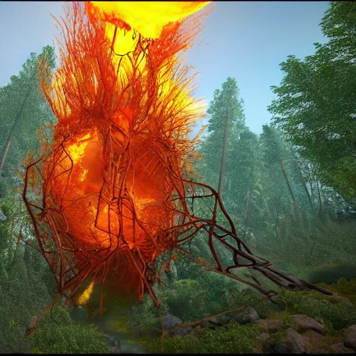 Image similar to a beautiful firey portal to another dimension, floating in the air, in a forest clearing, hyper detailed, 8 k