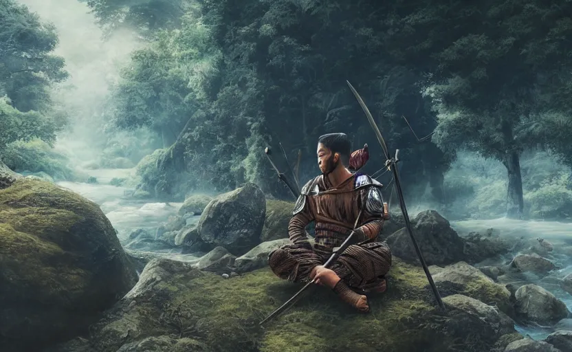 Prompt: highly detailed digital illustration of shinobi warrior meditating in wet japanese battlefield from sengoku period, surrounded by dense rock formations, high in mountains, cinematic lighting, photobash, raytracing, volumetric lighting