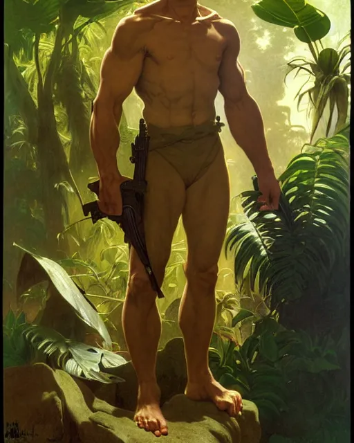 Image similar to doc savage in the jungle, fantasy character portrait, ultra realistic, concept art, intricate details, highly detailed by soft light, volumetric light, misty, william adolphe bouguereau, munch, maxfield parrish, james bama, and frank frazetta