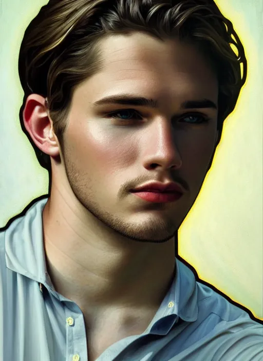 Prompt: oil portrait of kevin keller, intricate, elegant, highly detailed, lighting, painting, artstation, smooth, illustration, art by greg rutowski and alphonse mucha