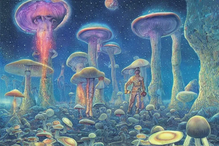 Image similar to how magic mushrooms can take us to the farthest reaches of innerspace, painting by james gurney