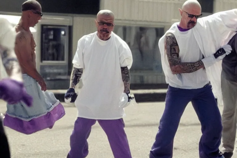 Prompt: walter white as a white gang member wearing a purple head covering made from a polyester or nylon material and a stained white tank top beating up his opponent gustavo fring in the streets of chicago, arms covered in gang tattoo, paparazzi, leaked footage, uncomfortable, bad quality