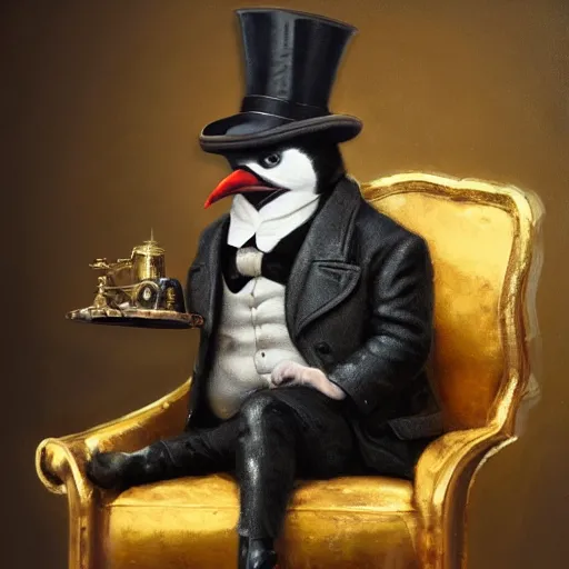 Image similar to oil painting of grumpy rich steampunk penguin sitting on fancy chair, wearing top hat, holding gold, steampunk factory background, sharp focus, fantasy style, octane render, volumetric lighting, 8k high definition, by greg rutkowski, highly detailed, trending on art Station, magic the gathering artwork, centered