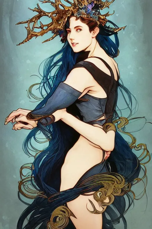 Image similar to fullbody!! dynamic action pose illustration, art by artgerm and greg rutkowski and alphonse mucha, beautiful woman with blue hair, antlers on her head, long flowing intricate black dress, dnd, face, fantasy, intricate, elegant, highly detailed, digital painting, artstation, concept art, smooth, sharp focus,