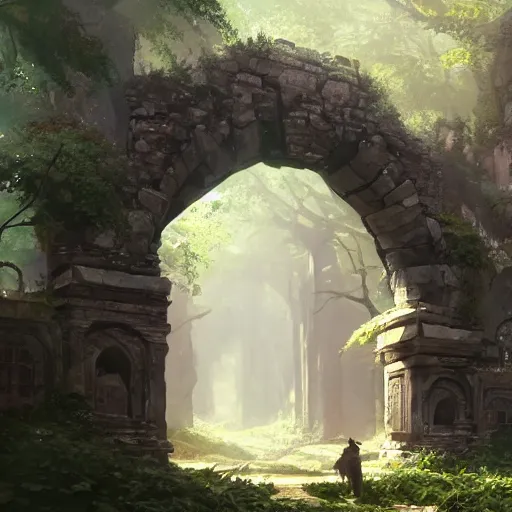 Image similar to concept art painting of an ornate ancient stone archway, in the woods, realistic, detailed, cel shaded, in the style of makoto shinkai and greg rutkowski and james gurney