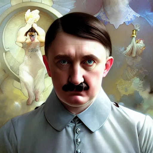 Prompt: Portrait of magical Adolf Hitler, very very very very pale white skin, dreamy and ethereal, pastel blue eyes, peaceful expression, ornate frilly regal shirt, fantasy, intricate, elegant, dynamic lighting, highly detailed, digital painting, artstation, concept art, smooth, sharp focus, illustration, art by artgerm and greg rutkowski and alphonse mucha