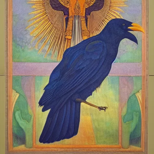 Image similar to portrait of a crow wearing a crown, by Diego Rivera and Annie Swynnerton and Maxfield Parrish, symbolist, dramatic lighting, embroidered brocade robes, god rays, rich colors,smooth, sharp focus, extremely detailed