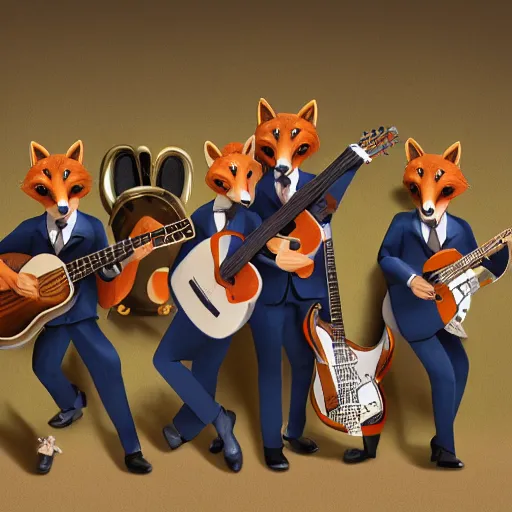 Prompt: photorealistic music album cover, with foxes animals dressed in suits, holding guitars, on a beach, all looking at camera, studio lighting, award winning photograph, 8 5 mm f / 1. 4