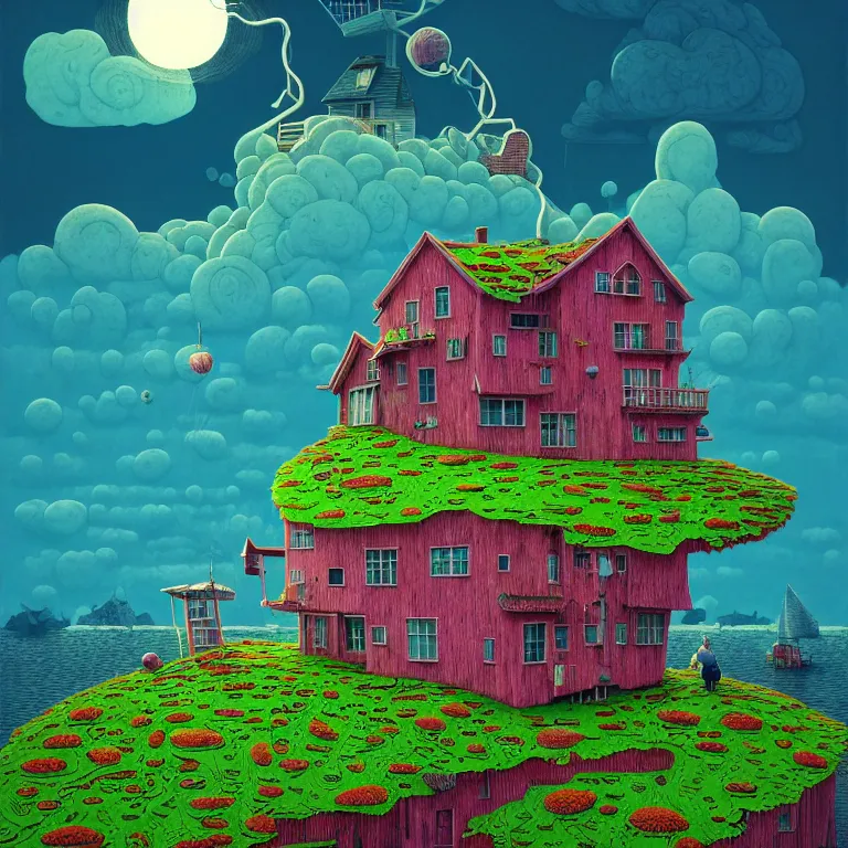 Image similar to house on island, sea cloud, surreal art by gediminas pranckevicius, geof darrow, keith harring, dark shadows, hard lighting, floralpunk, inking, etching, screen print, masterpiece, trending on artstation, sharp, colorful high contrast hd, 8 k hyper detailed