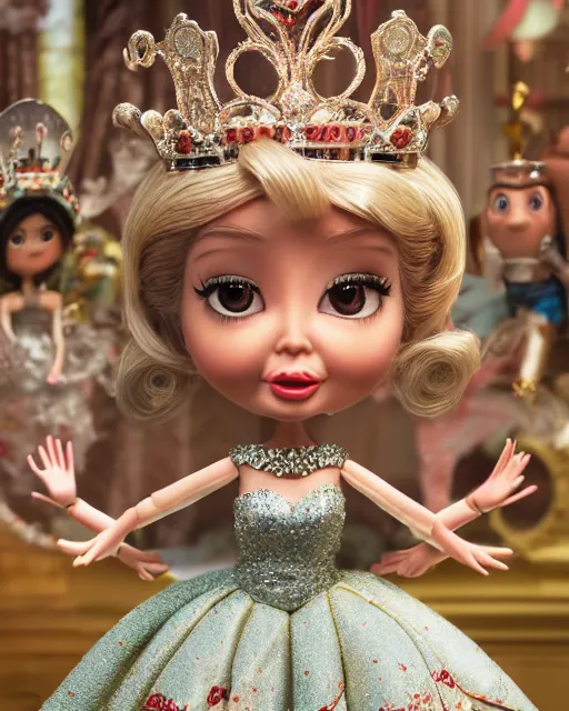 Image similar to highly detailed closeup, face profile portrait of a tin toy ivanka trump as a fairytale princess wearing a crown and eating cakes, bikini, depth of field, nicoletta ceccoli, mark ryden, lostfish, dan decarlo, bob clampett, max fleischer, breathtaking, detailed and intricate environment, 8 k resolution, hyperrealistic, octane render