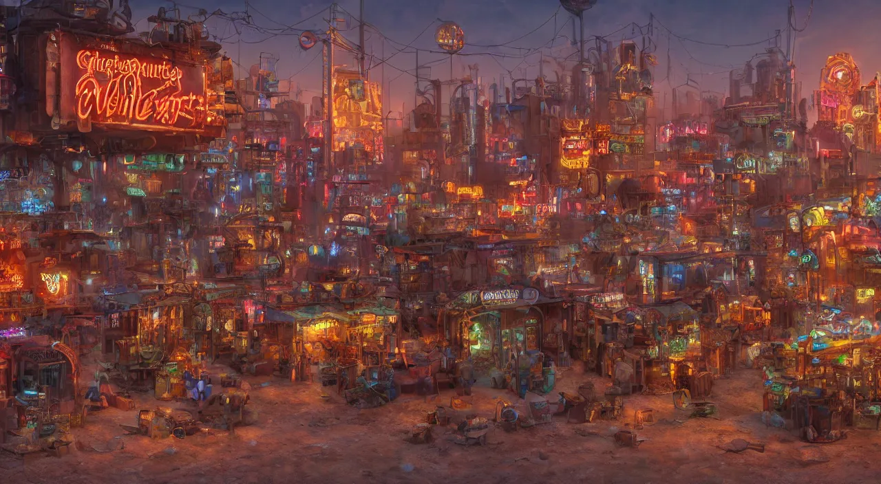 Prompt: a steampunk village in the desert, junk everywhere,neon lights, neon signs, magical atmosphere, mist, steam, photo realistic, 35mm, Matte painting, octane render, 8k, corona render, movie concept art by guido borelli da caluso