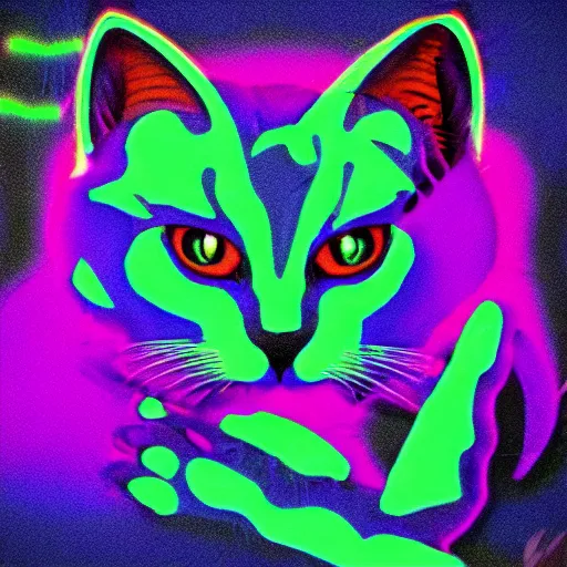 Image similar to demon cat with sparkling eyes 8 0 s neon colors