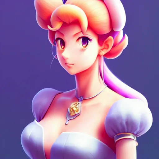 Prompt: 3 / 4 view of a portrait of princess peach, confident pose, genshin impact,, intricate, elegant, sharp focus, illustration, highly detailed, concept art, matte, trending on artstation, anime, art by wlop and artgerm and greg rutkowski, ilya kuvshinov, strong strokes, photo of princess peach h 6 4 0