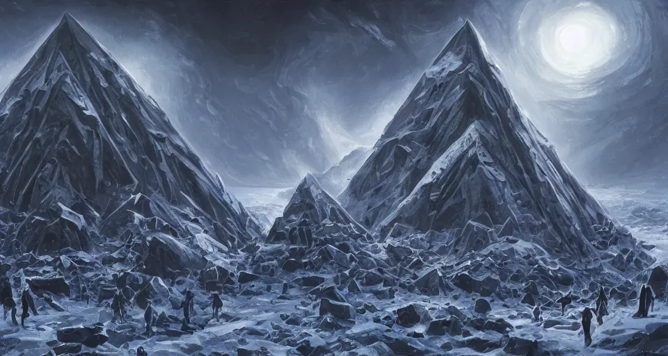 Image similar to black lovecraftian eldritch!! obsidian pyramid!! on a snowy mountain, surrounded by thousands of cultists, snowy, windy, by eugene von guerard, ivan shishkin, night, red lightning!!, storm!, dramatic lighting, concept art, trending on artstation, 8 k