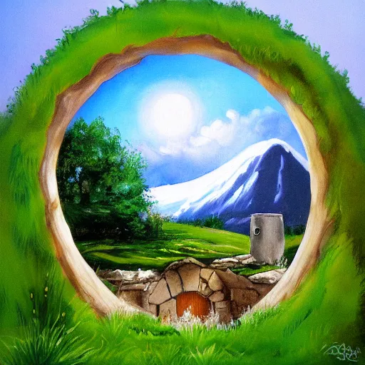 Prompt: landscape painting of bag end hobbit hole, round door, tolkein, lord of the rings, painting by bob ross